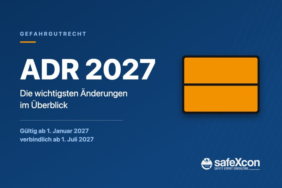 Grafik zum ADR 2027 mit orangefarbener Warntafel, gültig ab 1. Januar 2027, safeXcon